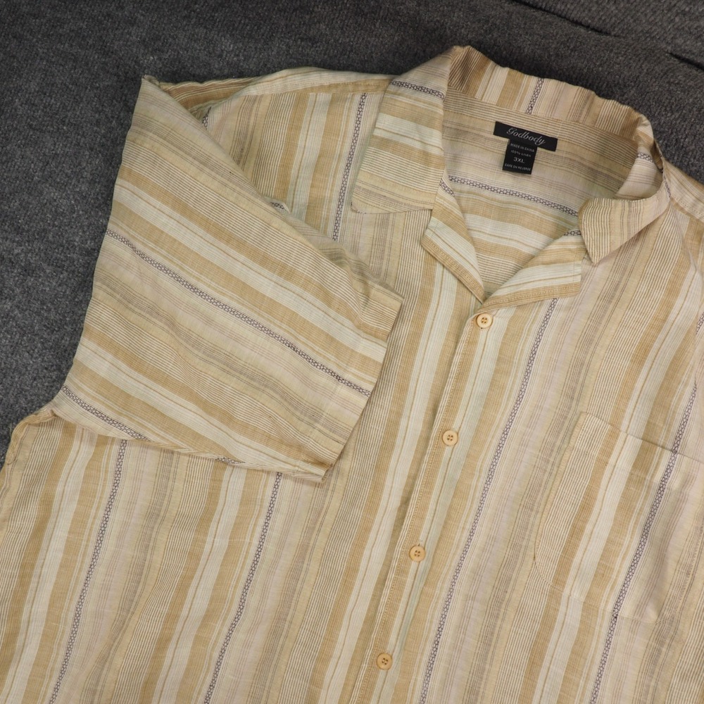 Godbody Shirt Mens 3XL Linen Tan Beige Striped Short Sleeve Camp Summer Beach